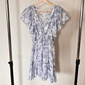 NWOT Illa Illa Blue & White Floral Mini Dress with Ruffles, SIZE SMALL